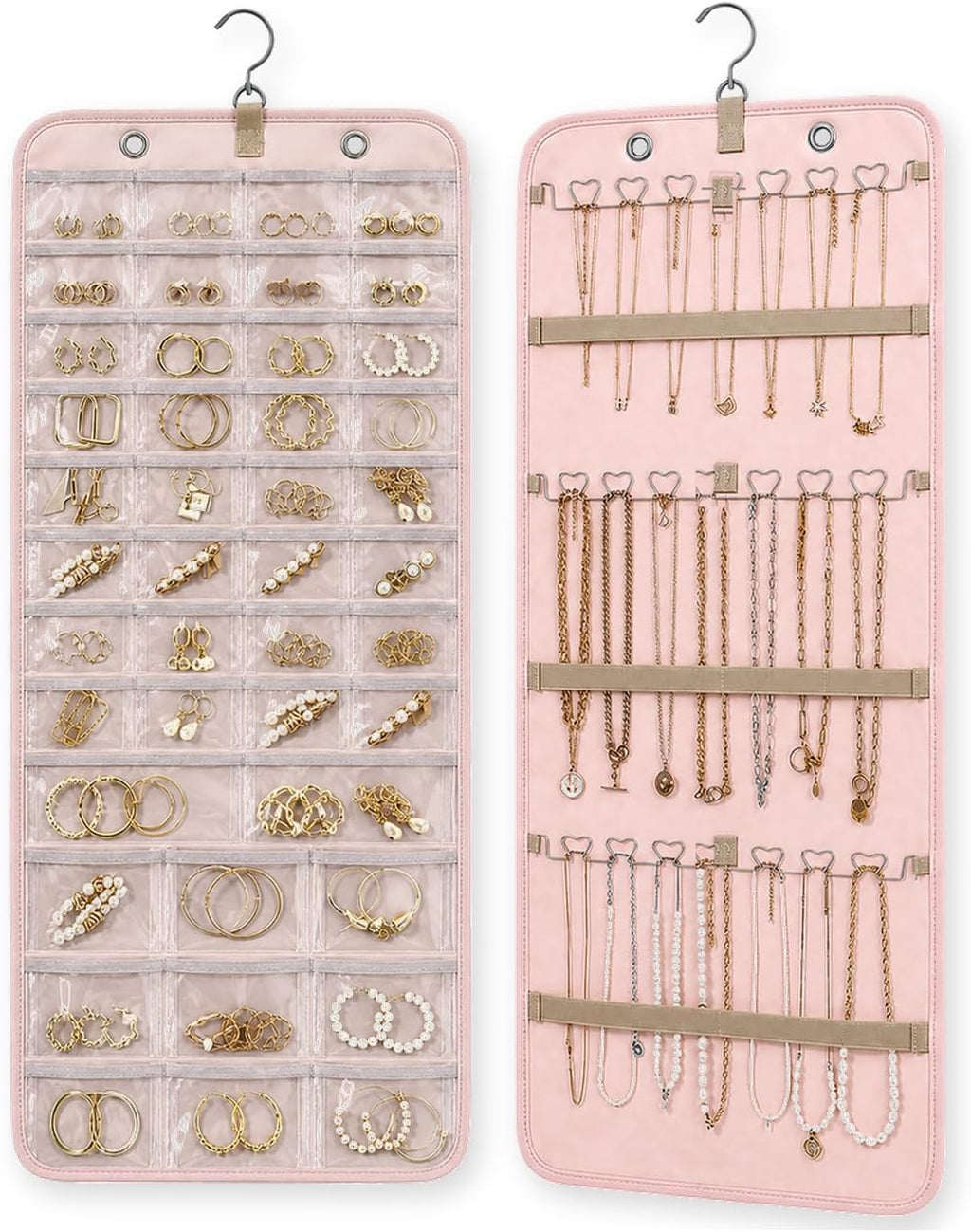 Hanging Jewelry Organizer, Dual-Sided Necklace Holder with Multiple Clear Pockets - Wall Mount & Over The Door Closet Storage for Earrings, Rings, Bracelets - 360° Rotating Hanger (1, pink, XL)
