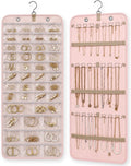 Hanging Jewelry Organizer, Dual-Sided Necklace Holder with Multiple Clear Pockets - Wall Mount & Over The Door Closet Storage for Earrings, Rings, Bracelets - 360° Rotating Hanger (1, pink, XL)