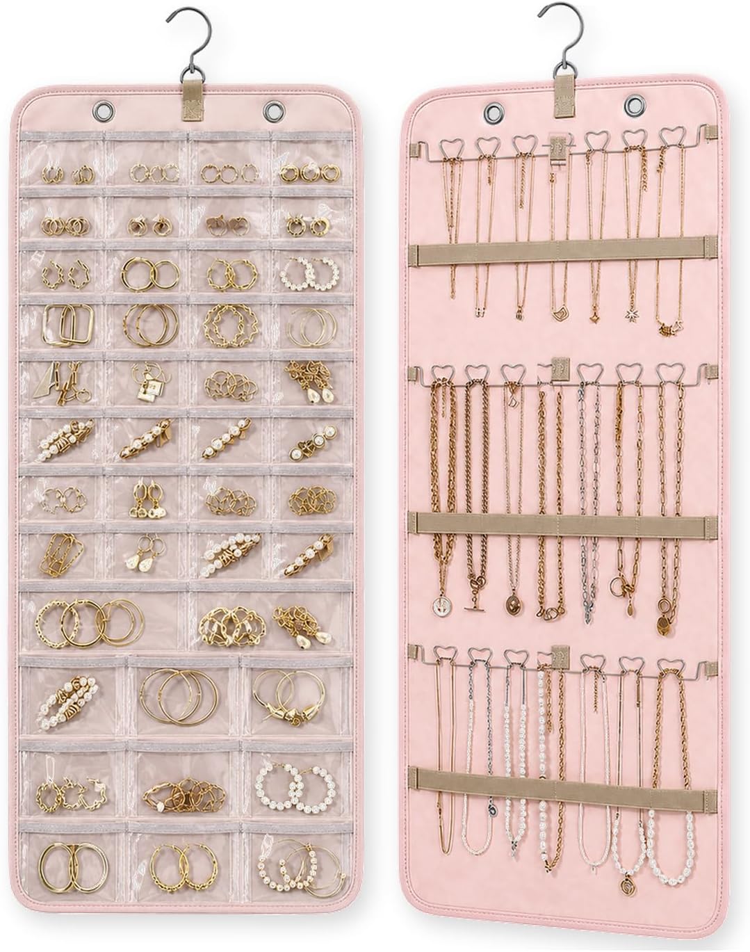 Hanging Jewelry Organizer, Dual-Sided Necklace Holder with Multiple Clear Pockets - Wall Mount & Over The Door Closet Storage for Earrings, Rings, Bracelets - 360° Rotating Hanger (1, pink, XL)