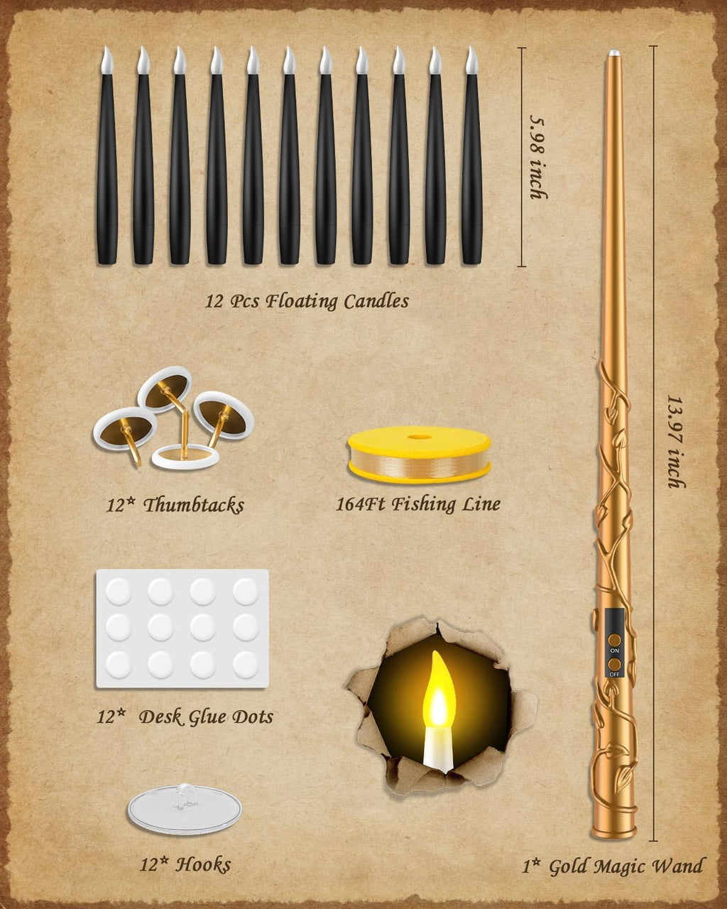 TLPUHU Floating Candles with Wand,12 Pcs Black Flameless LED Taper Candles