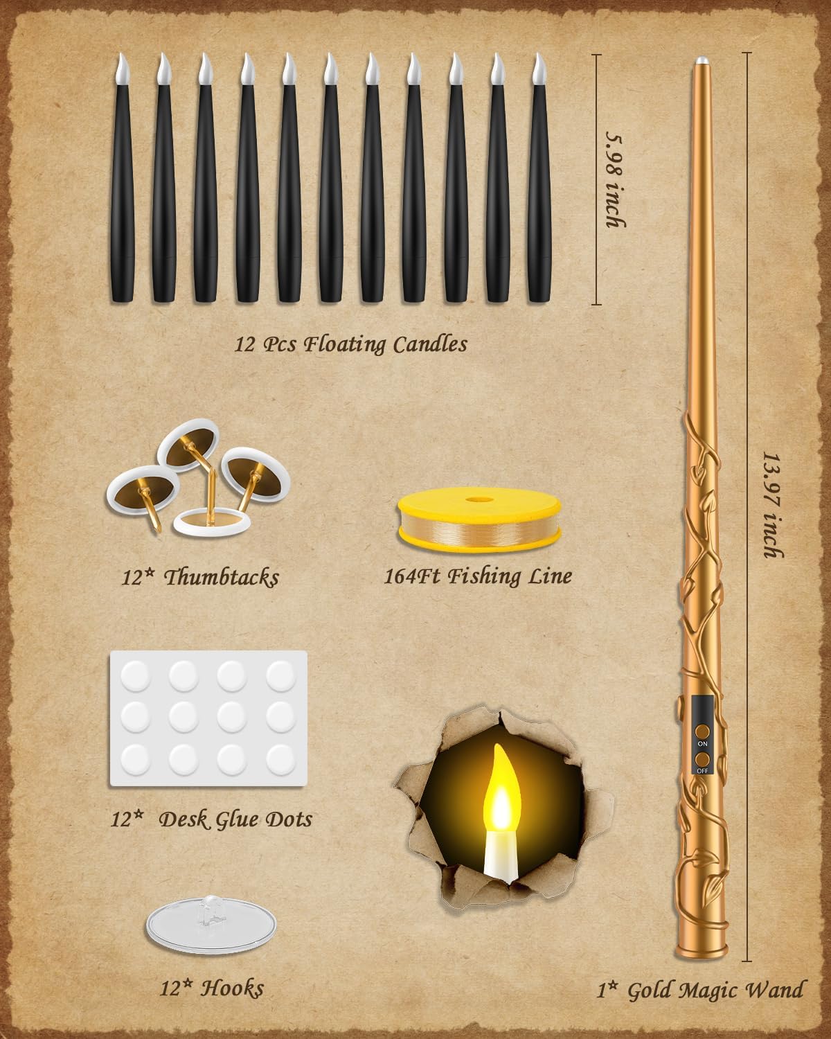 TLPUHU Floating Candles with Wand,12 Pcs Black Flameless LED Taper Candles
