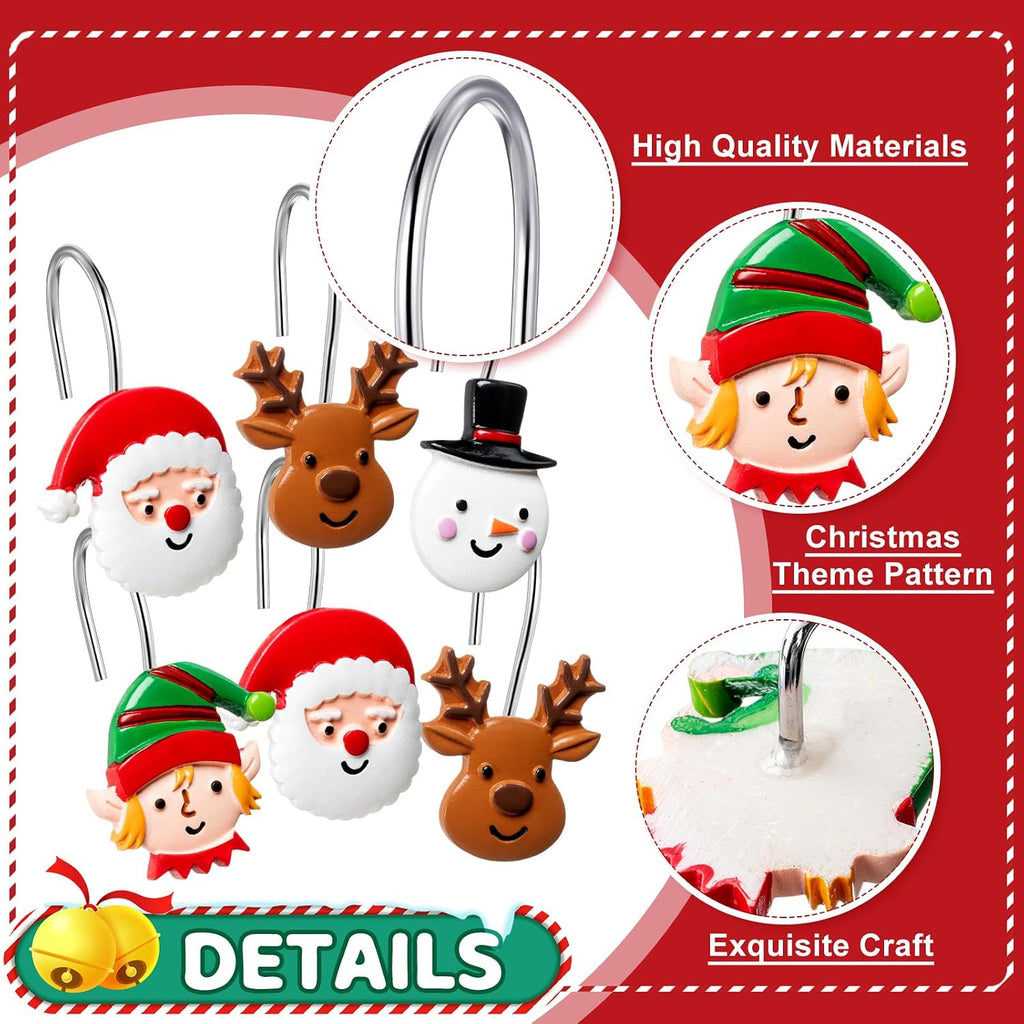 Yungyan 12 Pcs Christmas Shower Curtain Hooks Santa Claus Curtain Hangers