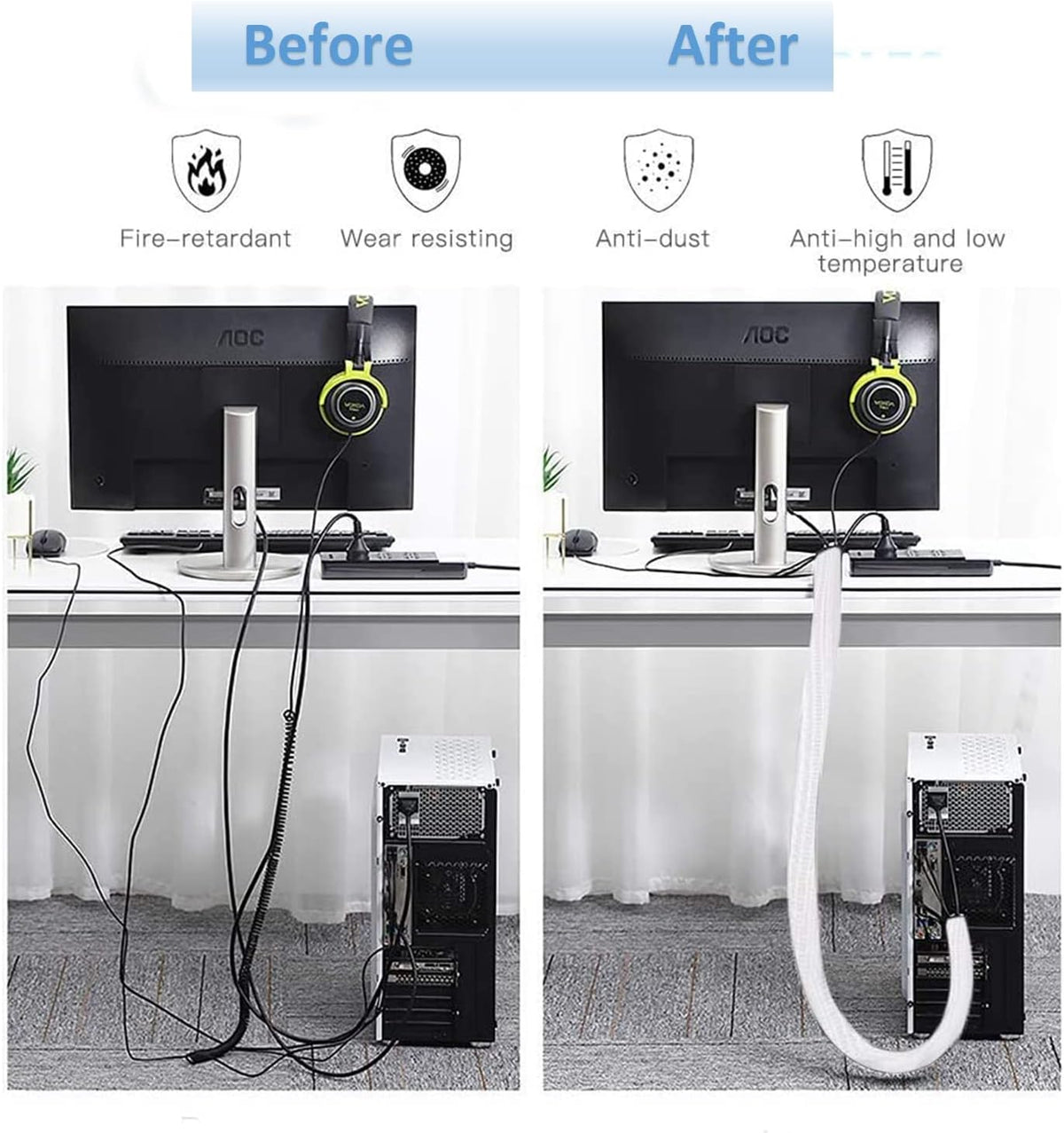 10ft - 1/2 inch Diameter Cord Protector, Hibucuo Cable Management Sleeve Wire Loom Tubing Cable Sleeve Split Sleeving for USB Cable Power Cord Audio Video Cable,TV Computer Office Home Entertainment