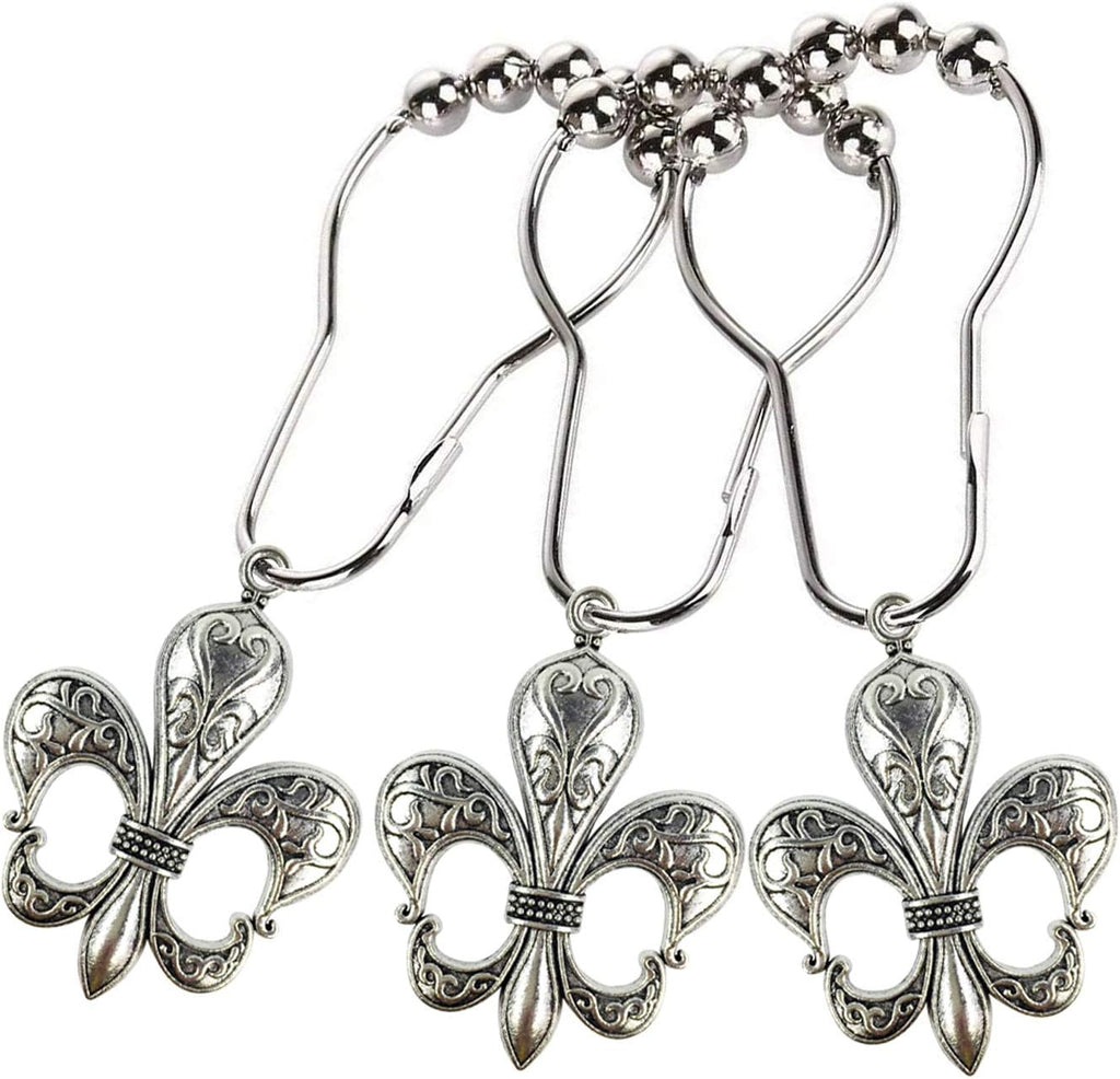 Set of 12 Fleur De Lis Shower Curtain Hooks French Lily Royal Heraldry French Cottage Chic Historical Theme Style Decorative Home Bathroom Stainless Steel Rustproof (Silver)