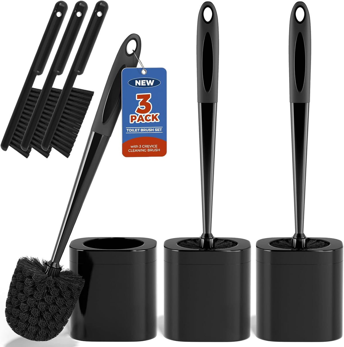 Holaloha Toilet Brush and Holder Set, Space Saving, 3 Pack, Black