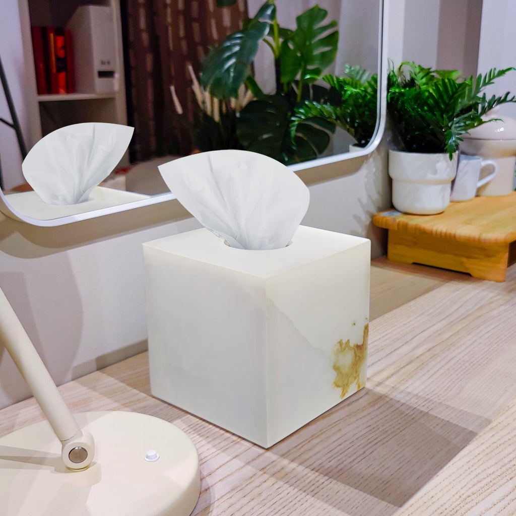 Natural Marble Tissue Box Cover, Exquisite Marble Square Tissue Box Holder, Elegant & Luxurious Decoration for Bathroom,Home & Office (White Jade)
