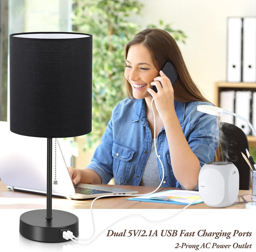Bedside Table Lamps Set of 2 with USB Charging Ports and AC Outlet, Black