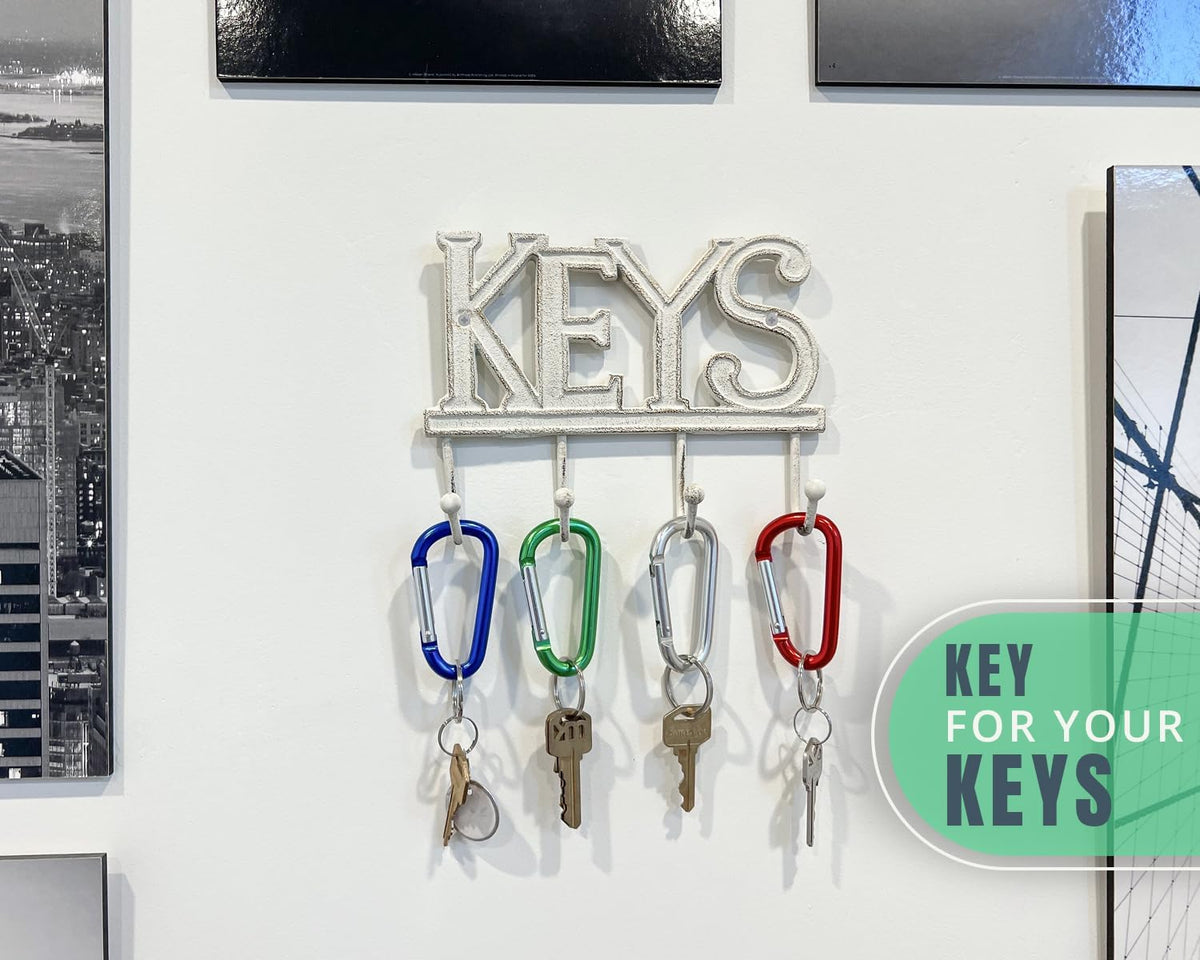 Comfify White Cast Iron Key Holder for Wall – Keys Sign with 4 Hooks