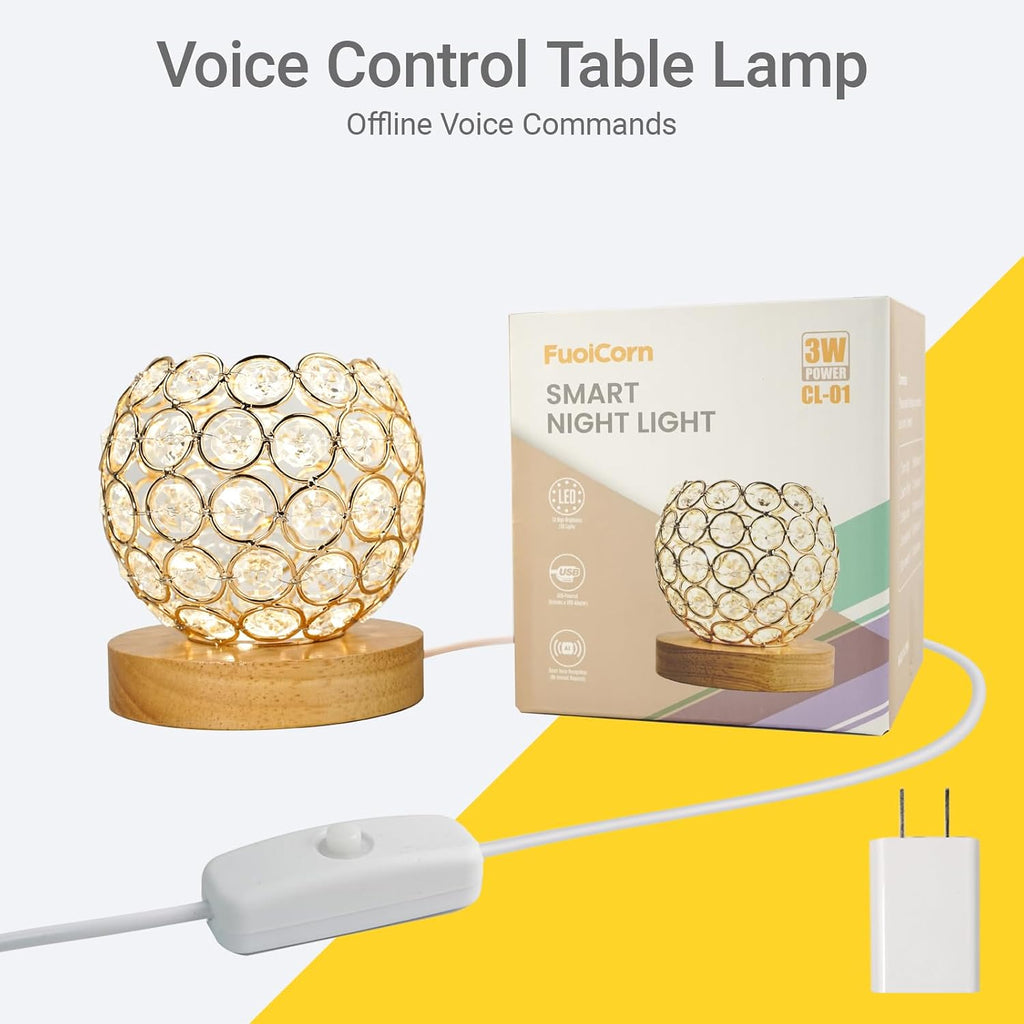 Crystal Mood Table Lamp, Voice Control K9 Glass Sphere Light, Wood Base