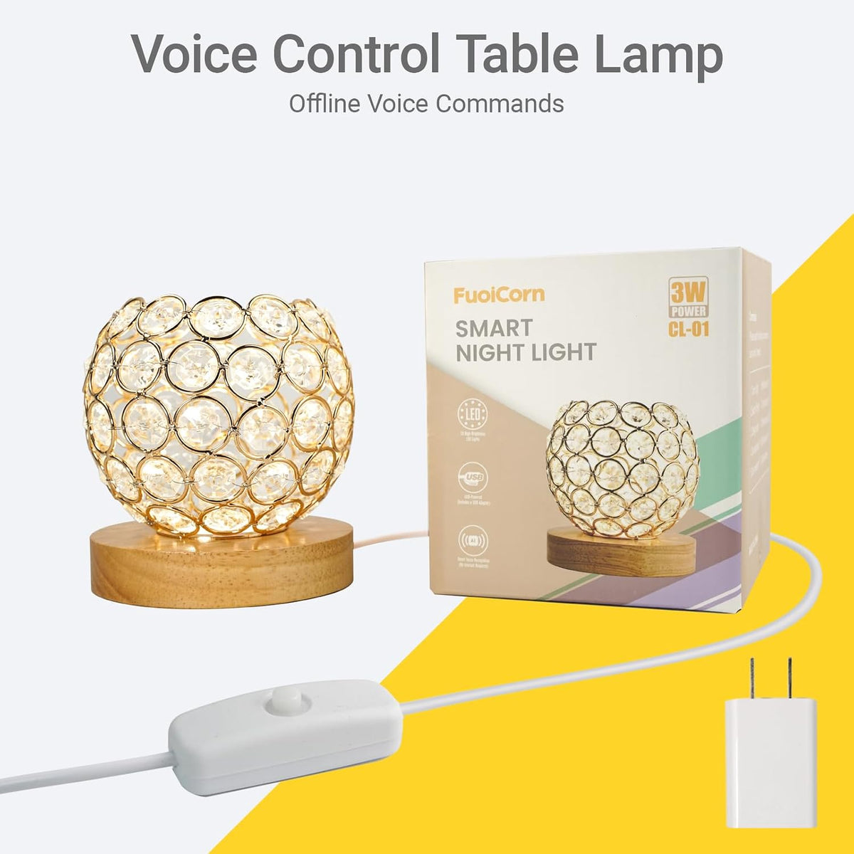 Crystal Mood Table Lamp, Voice Control K9 Glass Sphere Light, Wood Base