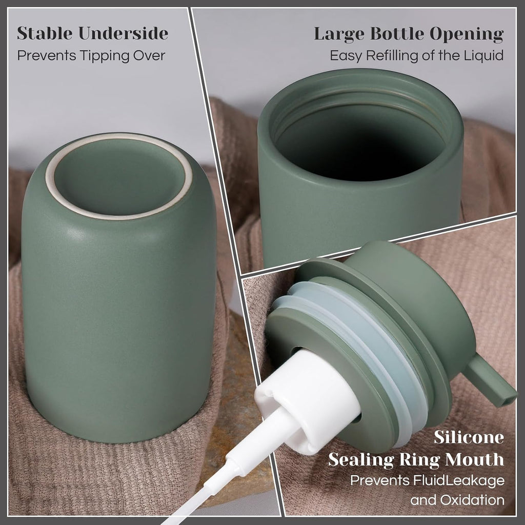 INGOFIN Ceramic Foaming Soap Dispenser Set, 2 Pack (12 oz) Bathroom Foam Hand Soap Dispenser with Pump, Hand and Dish Dispenser Set with 8 Pcs Clear Stickers,for Kitchen- Matte Green