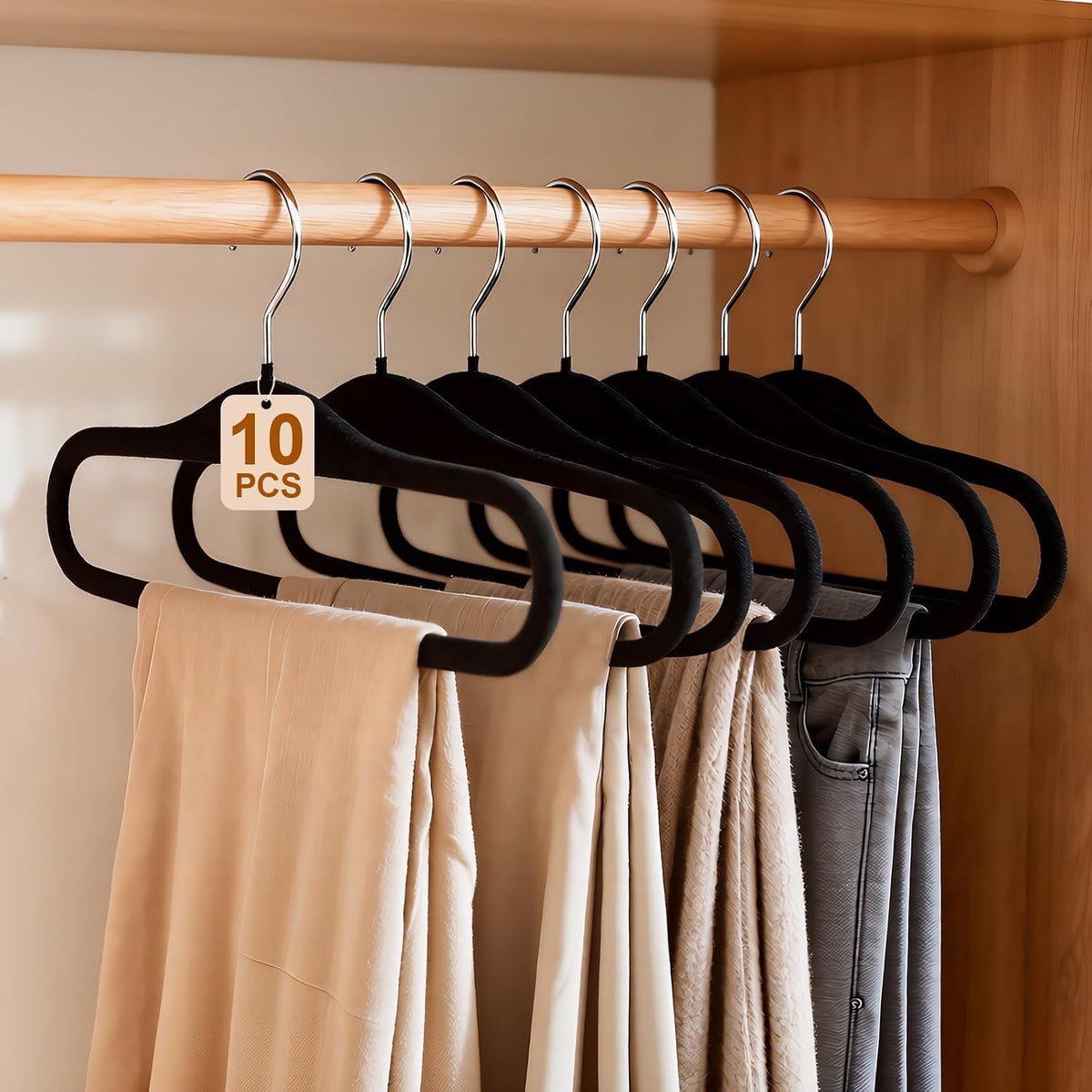 Velvet Pants Hangers,10 Pack Thin Space Saving Clothes Hanger, Non Slip Felt Pants Hangers for Pants Bra Jeans Tank Top(Black)