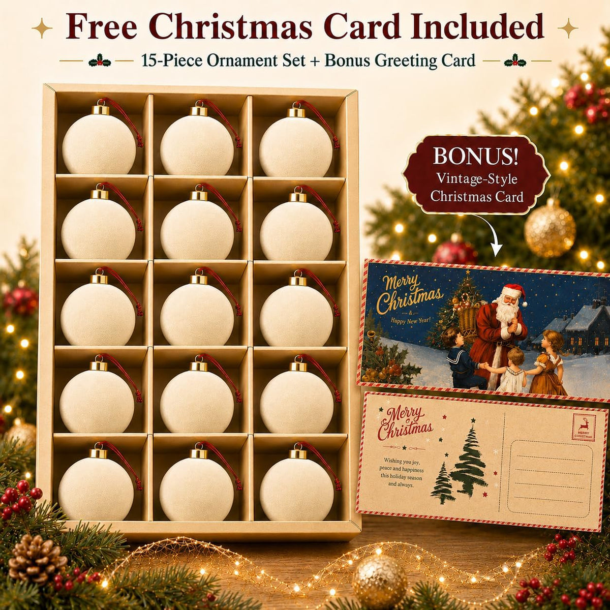 Velvet Christmas Balls Ornaments 15 Pcs, 3.15 Inch Cream White Flocked Xmas Tree Ball Ornaments Shatterproof, Velvet Christmas Ornaments Set Bulk for Xmas Tree Holiday Wedding Party Decor