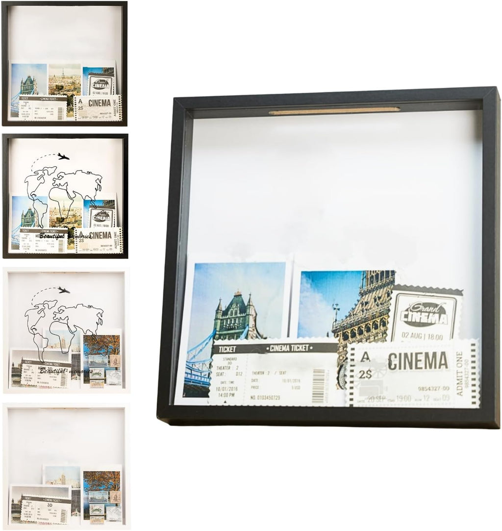 Adventure Archive Box, Travel Shadow Box with Slot, Shadow Box with Slot, Black and White, Store Memories: Money from Different Countries, Photos, Plane Tickets, Movie Tickets (Black-NO MAP, 12x12)