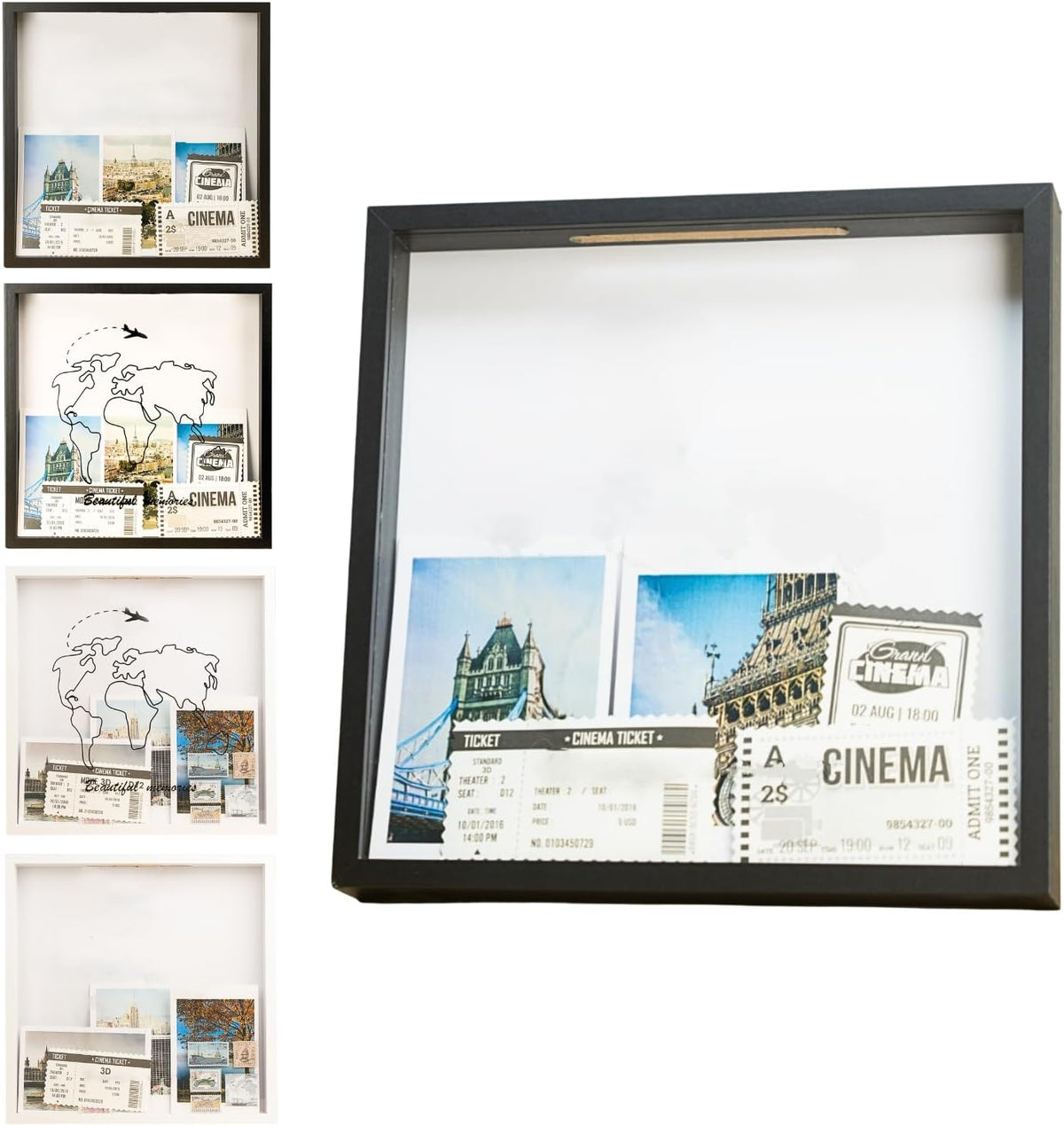 Adventure Archive Box, Travel Shadow Box with Slot, Shadow Box with Slot, Black and White, Store Memories: Money from Different Countries, Photos, Plane Tickets, Movie Tickets (Black-NO MAP, 12x12)