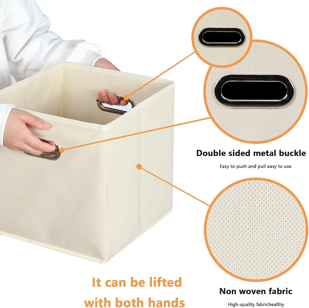 Yunkeeeper storage bins Cubes, Fabric Cube Organizer with Handle, Foldable Cube Bins for Cloth or Accessary Storage, 11x11x11, Set of 6, (Creamy White)