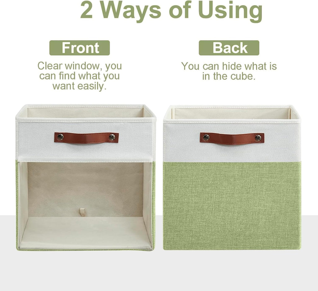 Bagnizer Storage Cubes, 4 Pack Linen Foldable Storage Bins with Clear Window and 2 Handles, 13x15x13 for Shelf Closet, Kallax, Clothes, Books - Green/Off-White