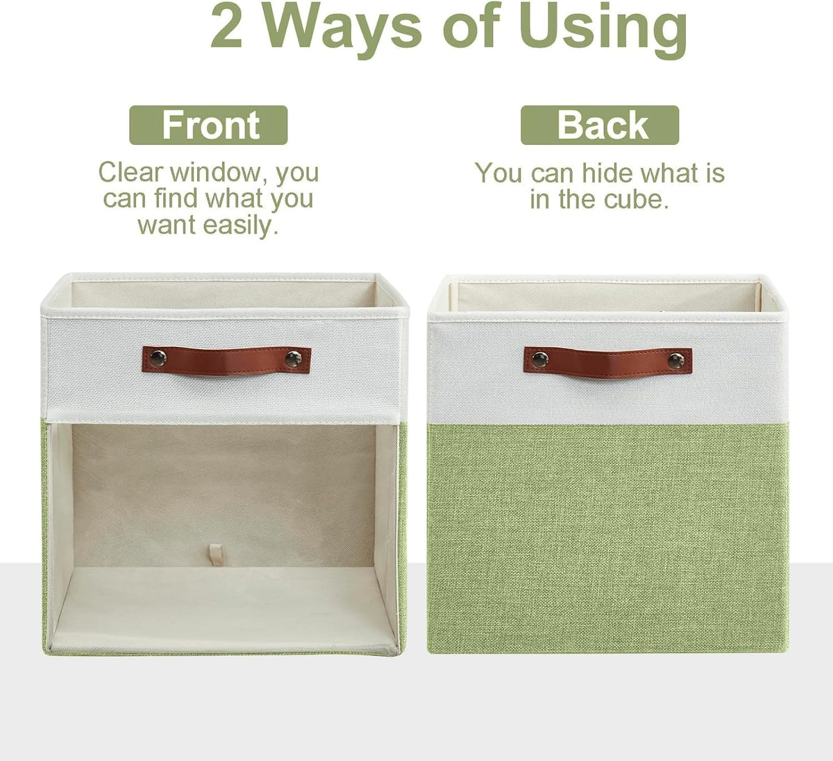 Bagnizer Storage Cubes, 4 Pack Linen Foldable Storage Bins with Clear Window and 2 Handles, 13x15x13 for Shelf Closet, Kallax, Clothes, Books - Green/Off-White