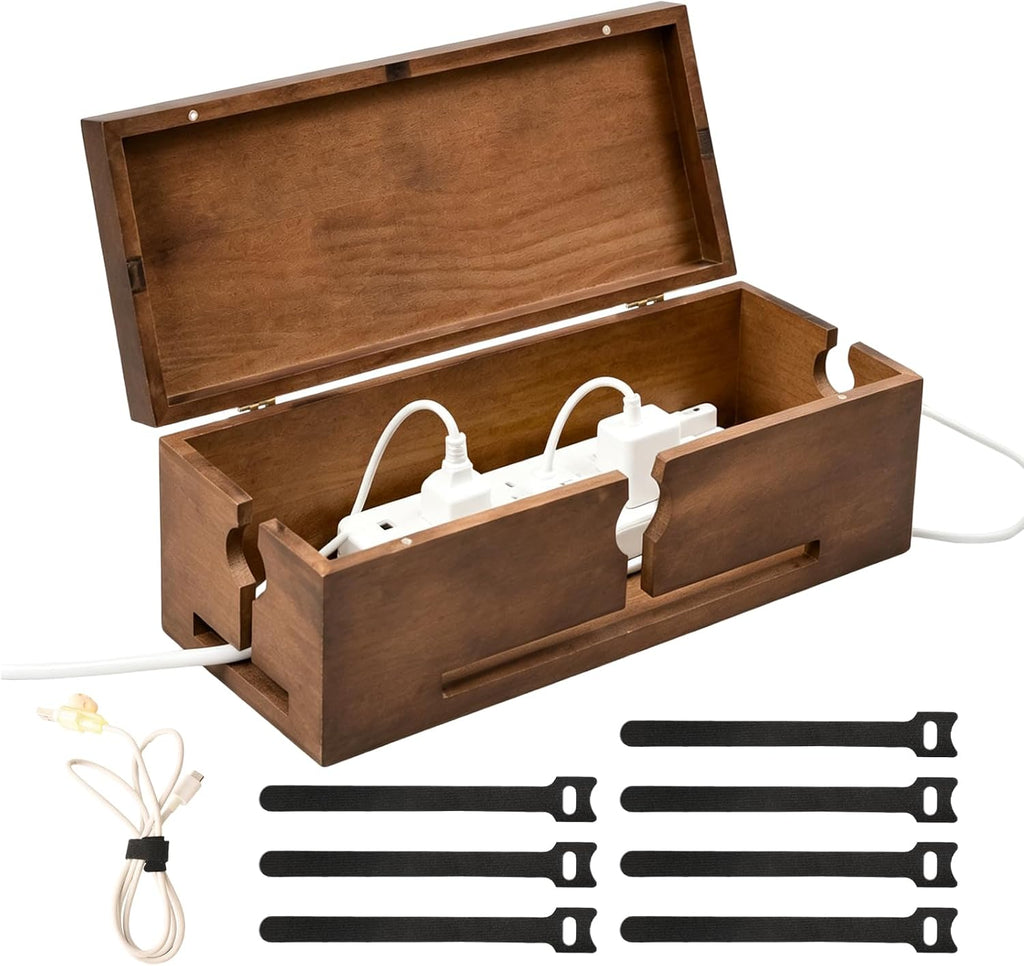 Wood Cable Management Box for Power Strip, Solid Wood Cord Organizer Box with Lid, Wire Storage Box for Desk, Living Room, Office and Media Setup