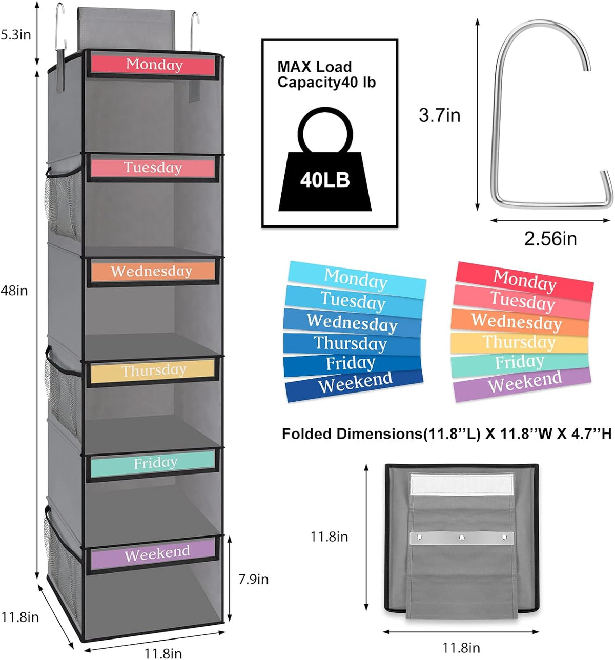 Fixwal Weekly Kids Clothes Organizer 6-Shelf Hanging Closet Storage Grey