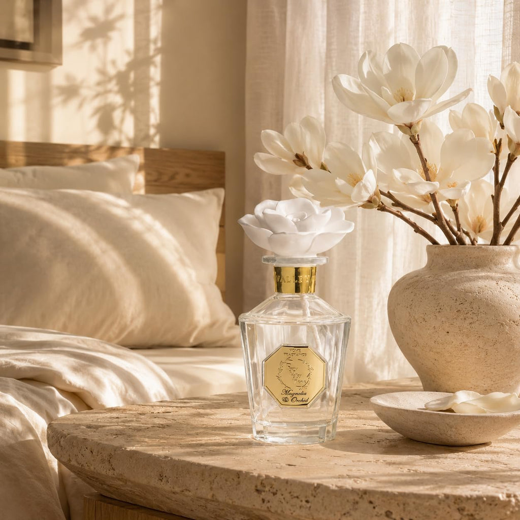 Reed Diffuser Set, Pretty Valley Home Diffuser Rose Petals Gypsum White Flower Oil 100Ml / 3.38fl OZ Gift Box for Bathroom Office Bathroom Living Room Decor (Magnolia & Orchid)
