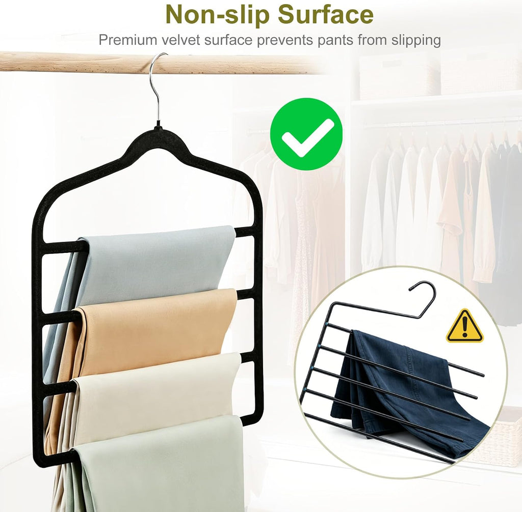Pants Hangers Space Saving, 2 Pack Multi-Layer Velvet Pant Hanger