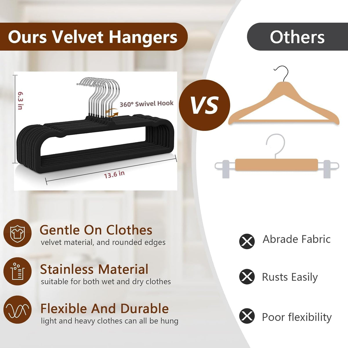 50 Pack Velvet Hangers Non Slip, Felt Pants Hangers Thin Space Saving