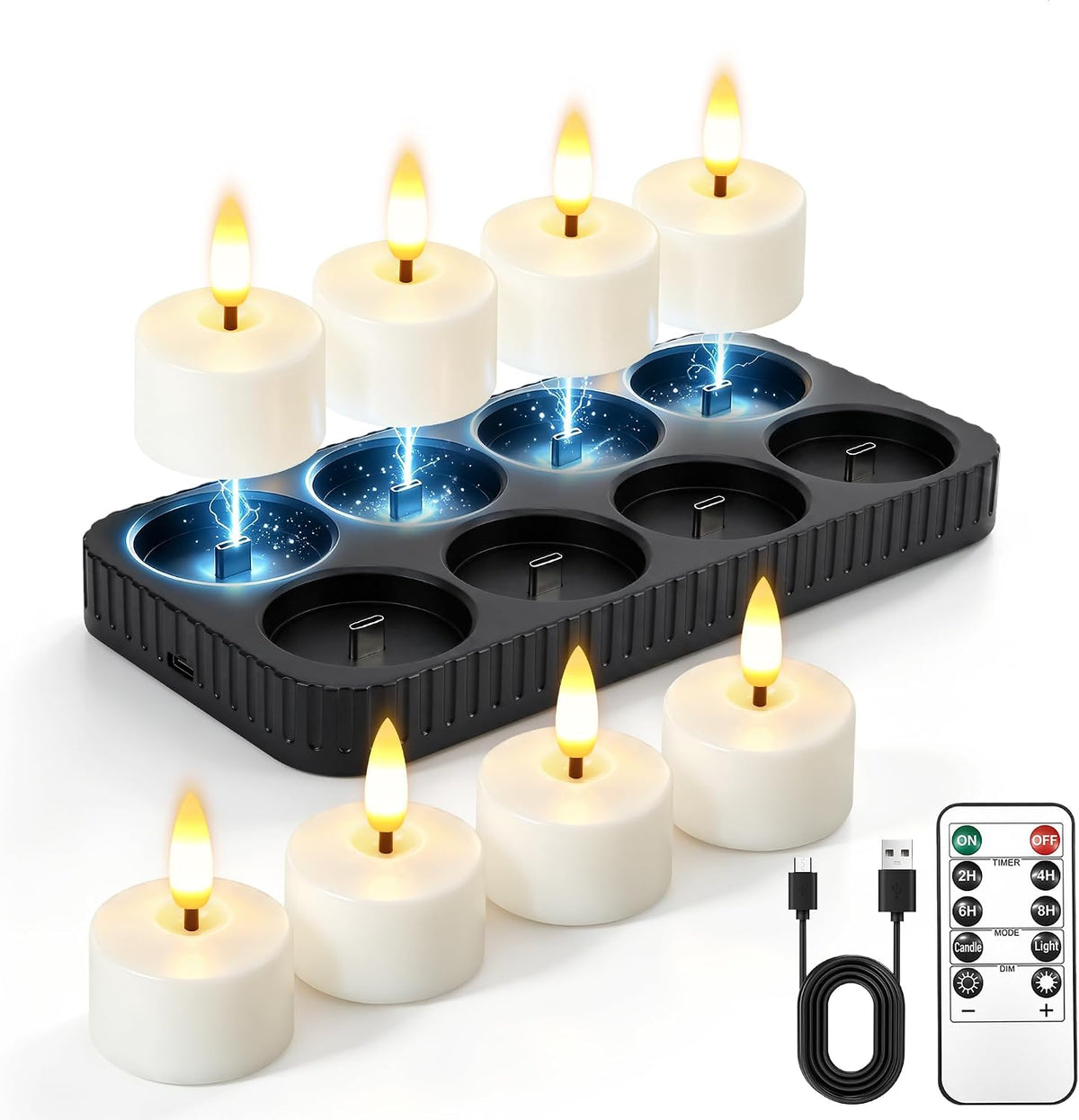 Rechargeable Flameless Candles with Remote Timer & Charging Base (8 Pack)