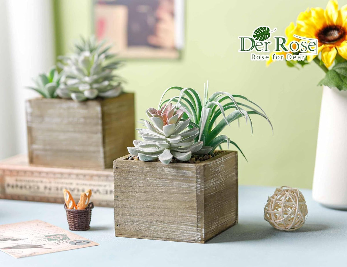 Der Rose 2 Pack Fake Succulents Plants in Wood Pots for Farmhouse Decor