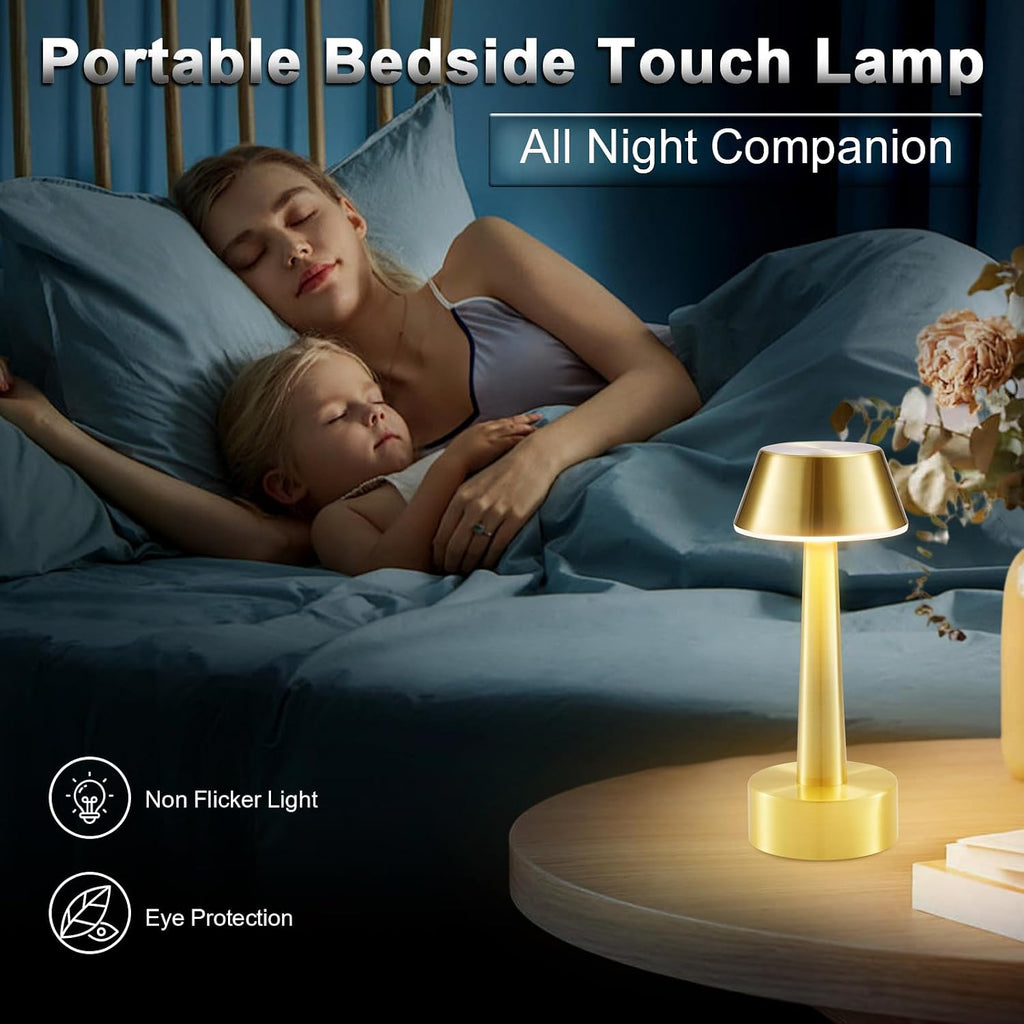 2 Pack Small Cordless Table Lamp for Restaurant, Gold Metal Lamp