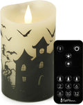 Halloween Flameless LED Candles with Remote Control, 3"x 5"Battery Operated Pillar Real Wax with Timer for Halloween Decorations, Ghost House Candle