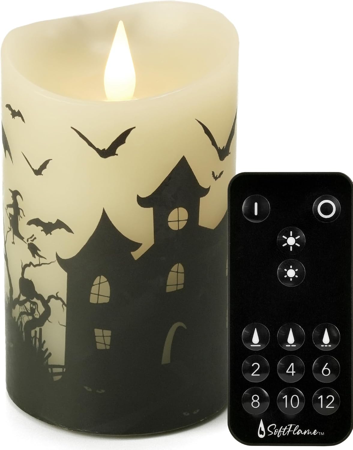 Halloween Flameless LED Candles with Remote Control, 3"x 5"Battery Operated Pillar Real Wax with Timer for Halloween Decorations, Ghost House Candle