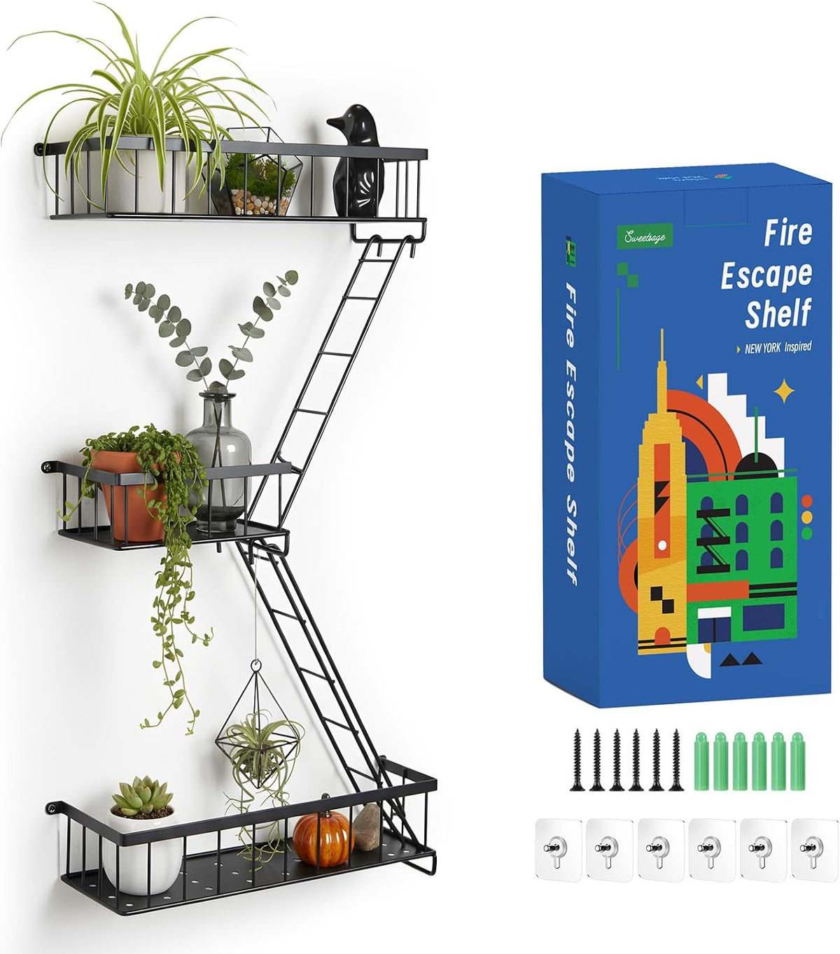 SweetSage Fire Escape Wall Shelf, Modern City Corner Wall Decorative Action Figure Metal Display with Mini Shelf, Black 2.5 Tier