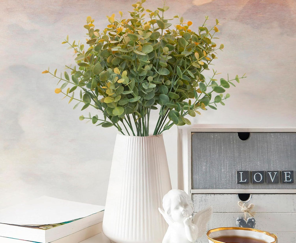 5Pcs Artificial Eucalyptus Stems，Artificial Greenery Fake Dust Frosted Eucalyptus Branches Leaves，Fake Plants for Decoration(Dusty Orange-13.8 in)