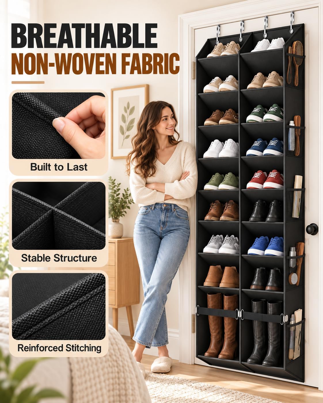 Over the Door Shoe Organizer with Oversized Boot Pocket, Hanging Storage