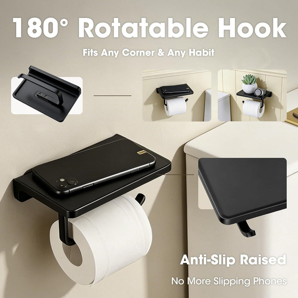 TRUSTMI Toilet Paper Holder with Shelf & Phone Stand, Matte Black