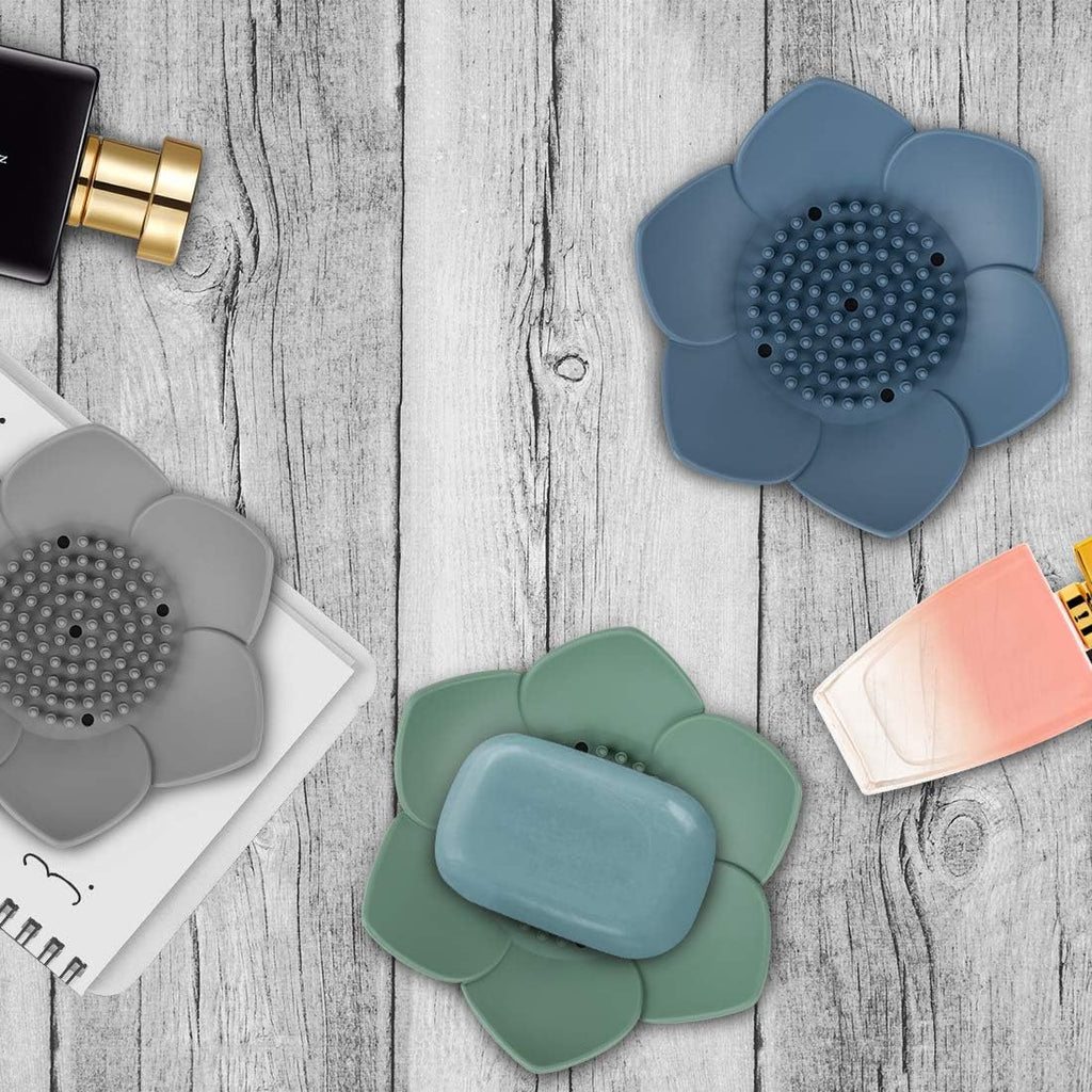 3 Pack Soap Dish Holder, Bar Soap Tray with Drain, Lotus Silicone Soap Saver Case for Shower Bathroom (Blue, Green, Grey)