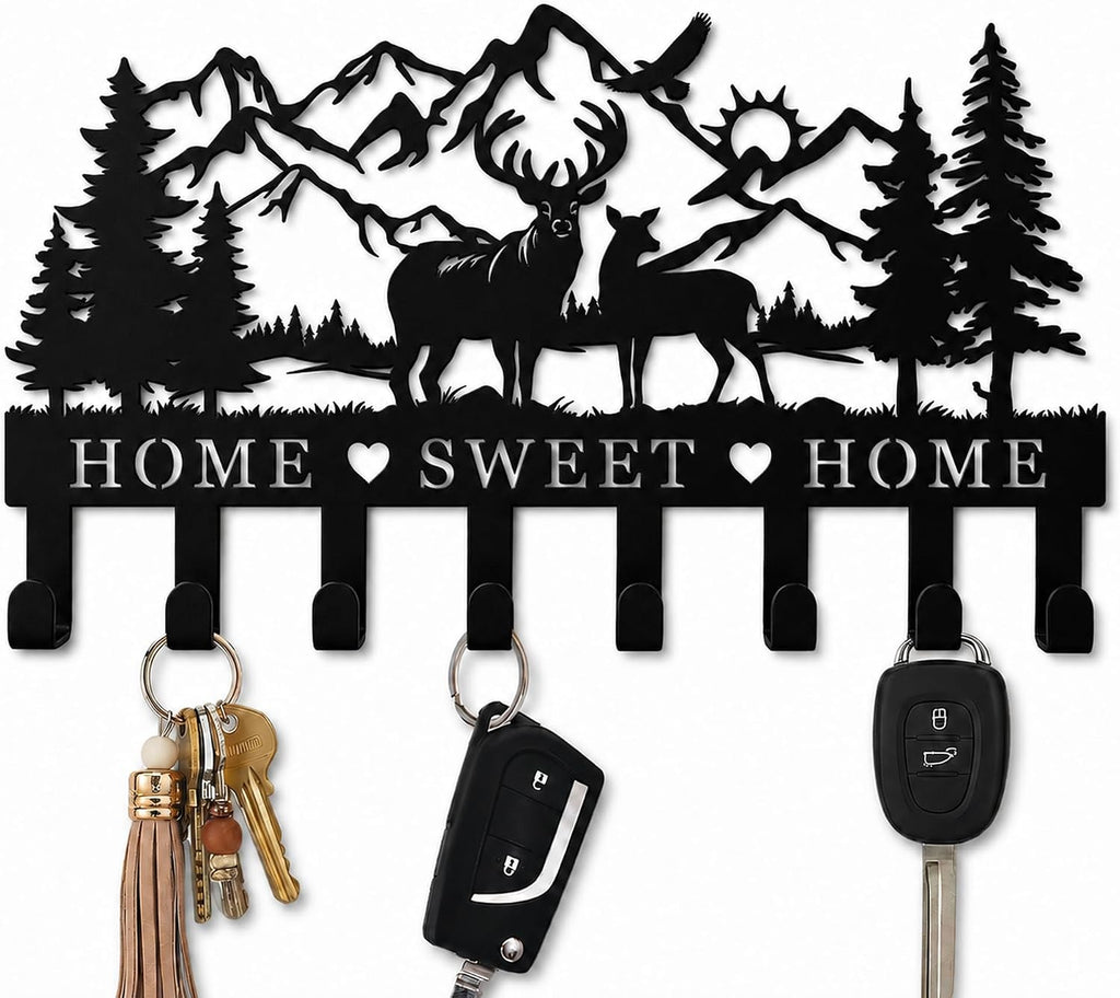 Deer Metal Key Holder for Wall, 14.5" X 9.2", Key Hooks for Wall Organizer, Key Rack, Forest Theme Coat Hat Towel Hooks, Ideal for Living Roo