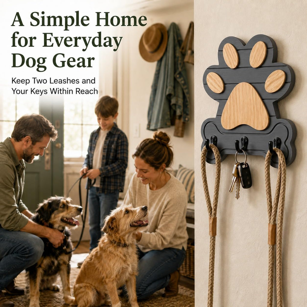 2pcs Dog Leash Holder for Wall, Dog Leash Holder, Dog Leash Hooks for Wall,Dog Leash Hanger,Dog Paw Key Holder,Wall Mounted Dog Leash and Key Holder,Rustic Pine Wood Decor for Home Entryway（Grey）