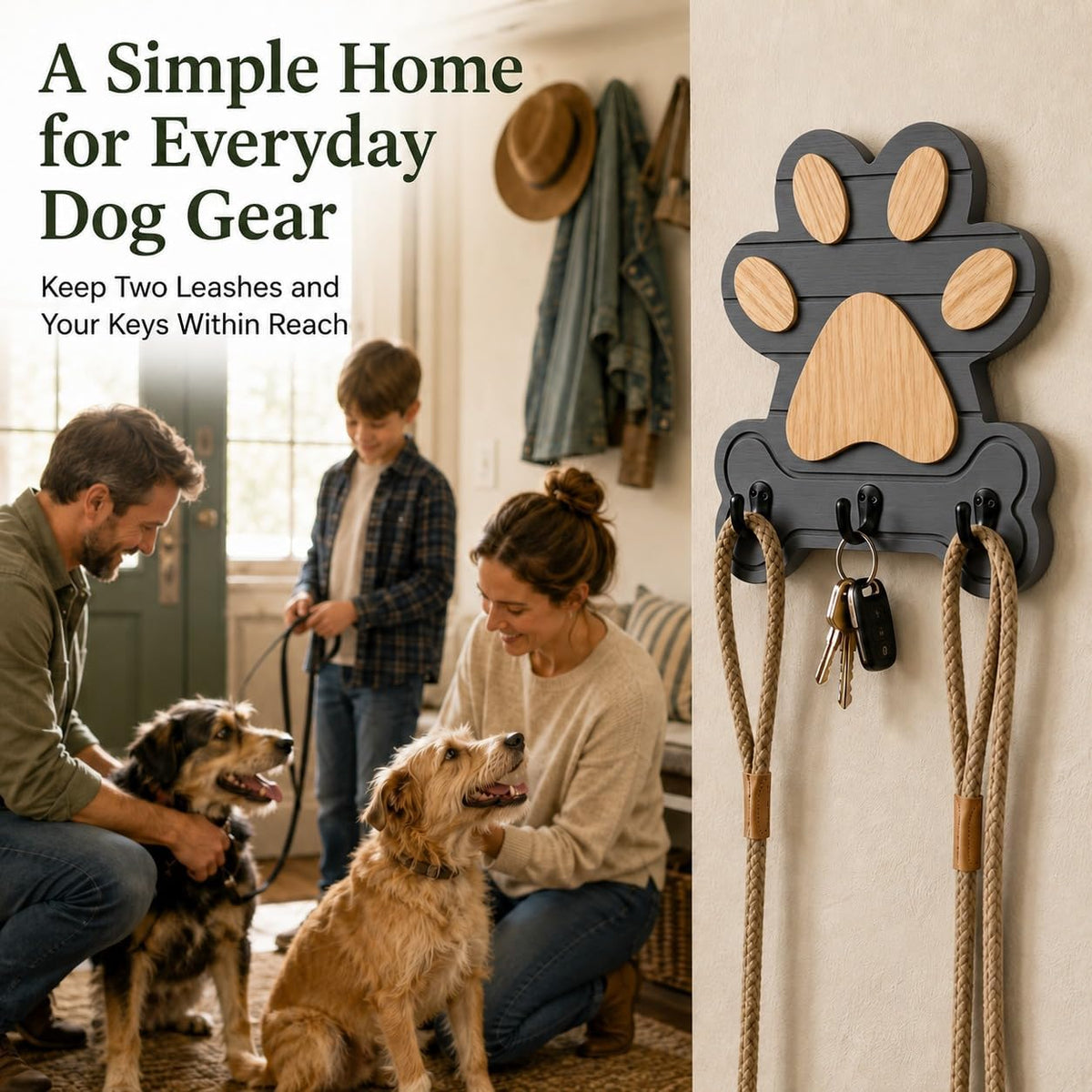 2pcs Dog Leash Holder for Wall, Dog Leash Holder, Dog Leash Hooks for Wall,Dog Leash Hanger,Dog Paw Key Holder,Wall Mounted Dog Leash and Key Holder,Rustic Pine Wood Decor for Home Entryway（Grey）