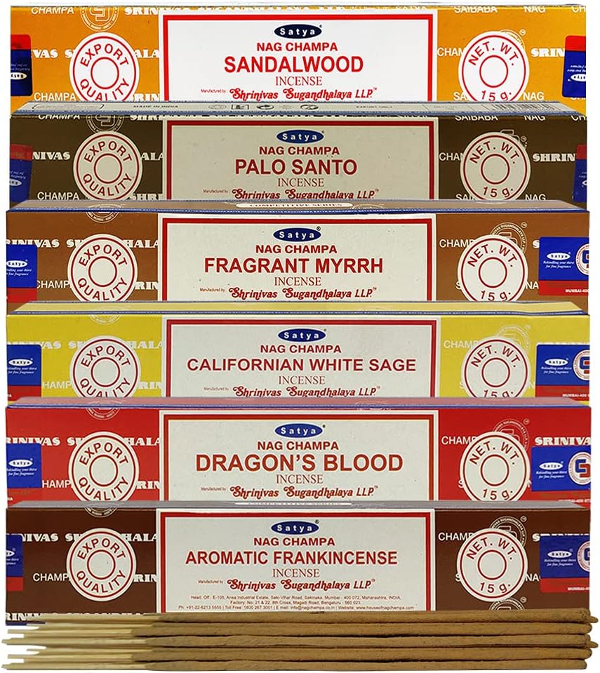 Satya Incense Sticks Variety Pack #10 and Holder Bundle with 6 Classic Fragrances Sandalwood Dragon's Blood Palo Santo White Sage