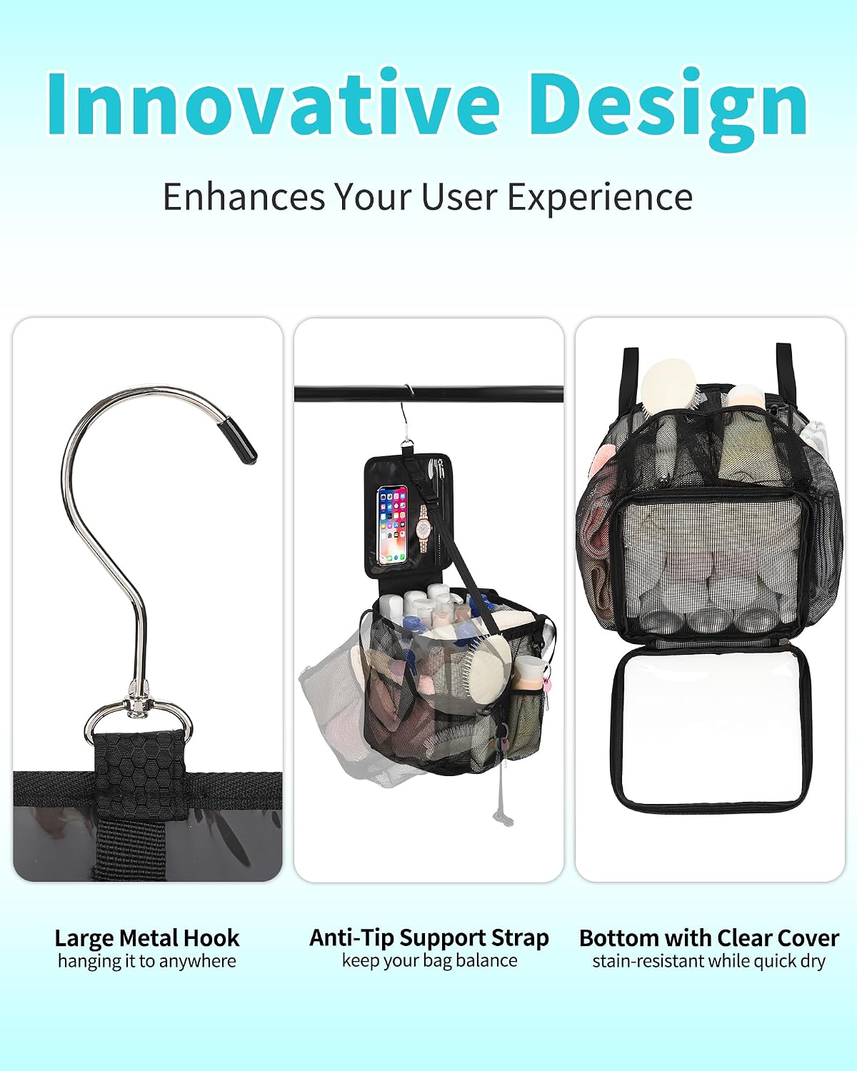 CUBETASTIC Mesh Shower Caddy Portable - Large Capacity Shower Tote for College Dorm Essentials, Bathroom, Gym, Camping, 360° Hanging Hook & 4 Pockets Travel Toiletry Bag (A# Black, 8.6"×8.6"×9.8")