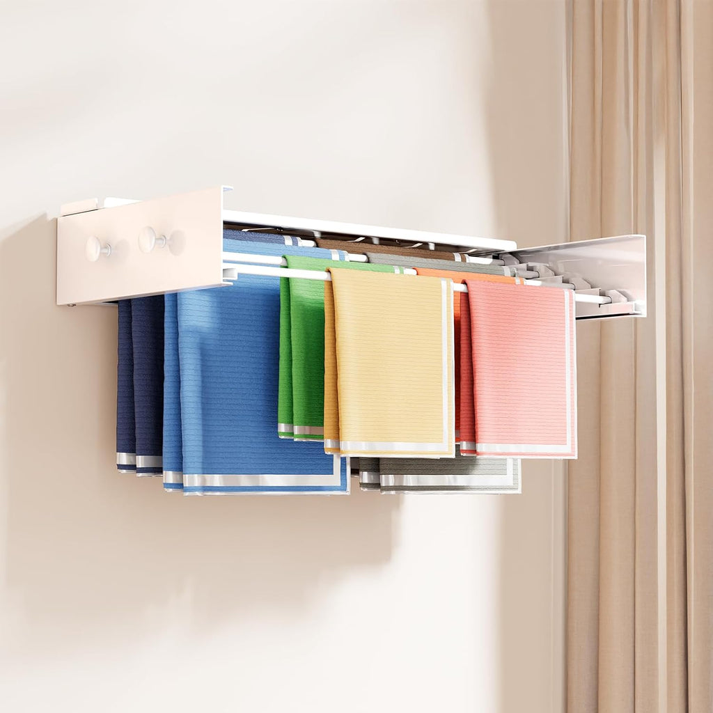 BAKON Wall Mounted Drying Rack with 4 Hooks and Shelf, Foldable Clothes Drying Rack for Laundry Room, Collapsible Laundry Rack Wall Mount, for Indoor Outdoor Hanging Clothes, 23.6 Inch