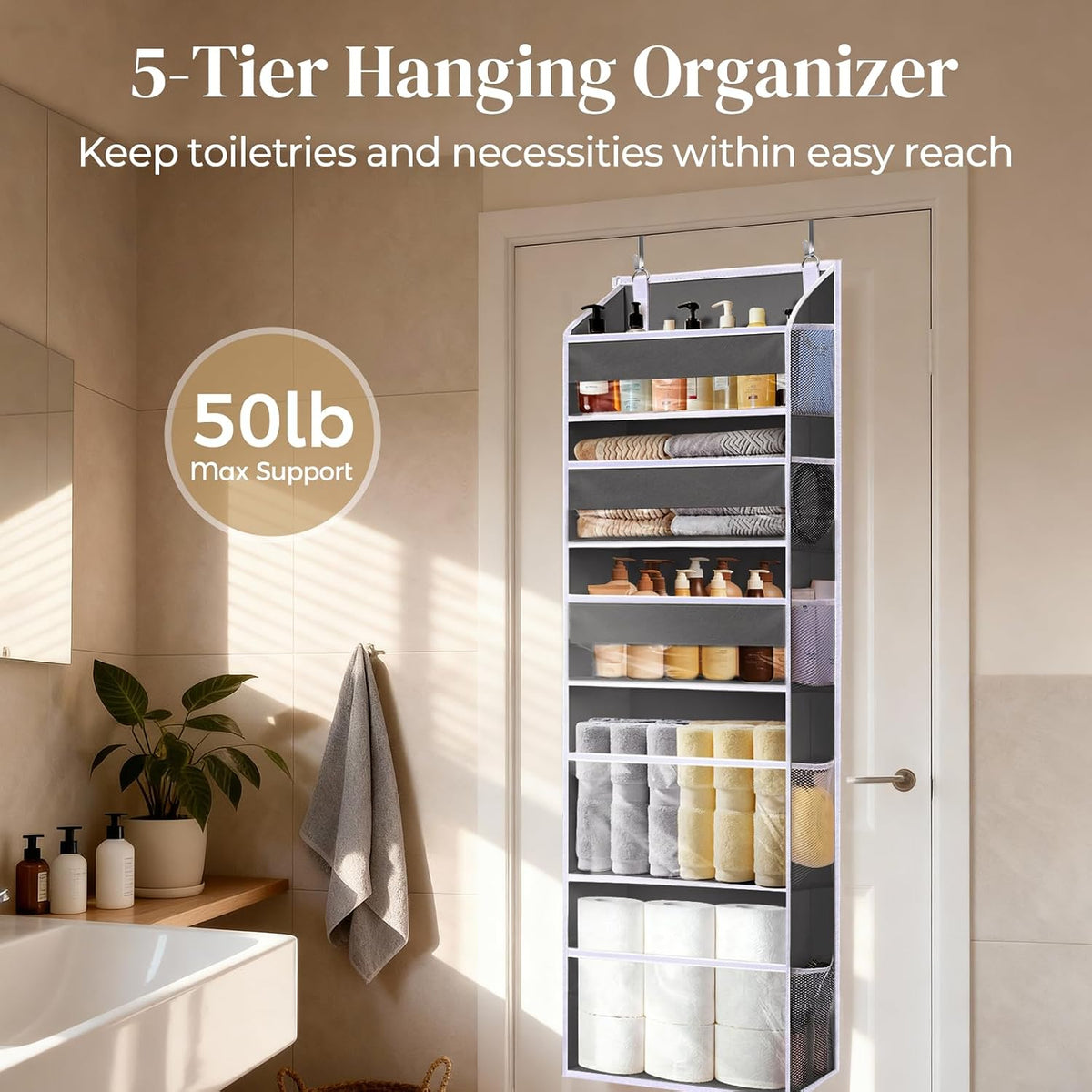 5 Tiers Over Door Organizer with 10 Mesh Side Pockets, 44 lbs Weight Capacity Hanging Storage Organizer with Clear Window Kids Toys, Shoes, Diapers, Dark Gray