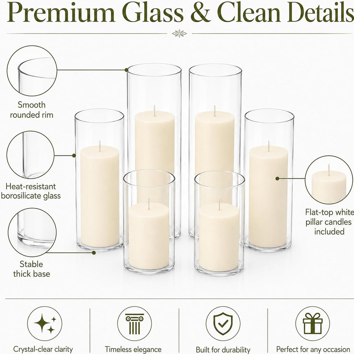 Set of 6 Pillar Candles with Clear Glass Hurricane Holders- Elegant Cylinder Candle Vases for Weddings, Parties, Centerpieces, Home & Office Decor (Lvory White, 6 Set)