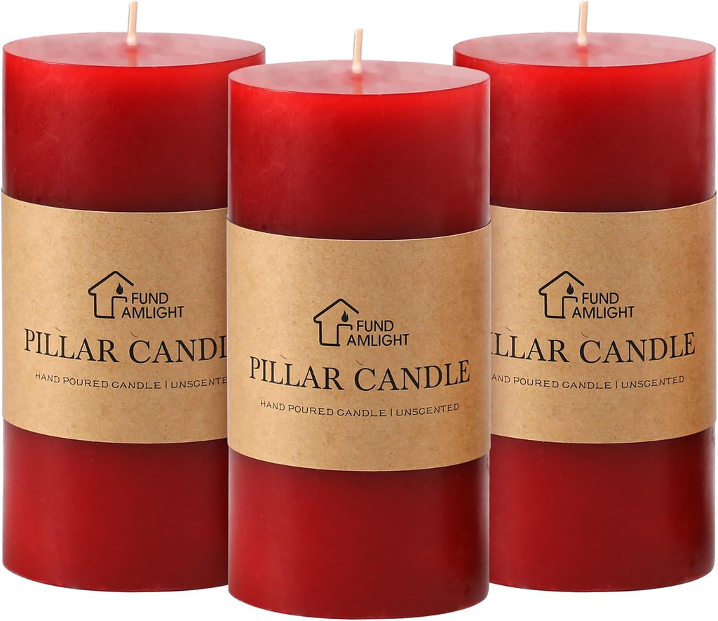 3x6 Inch Red Pillar Candles Set of 3 - Decorative Unscented Pillar Candle