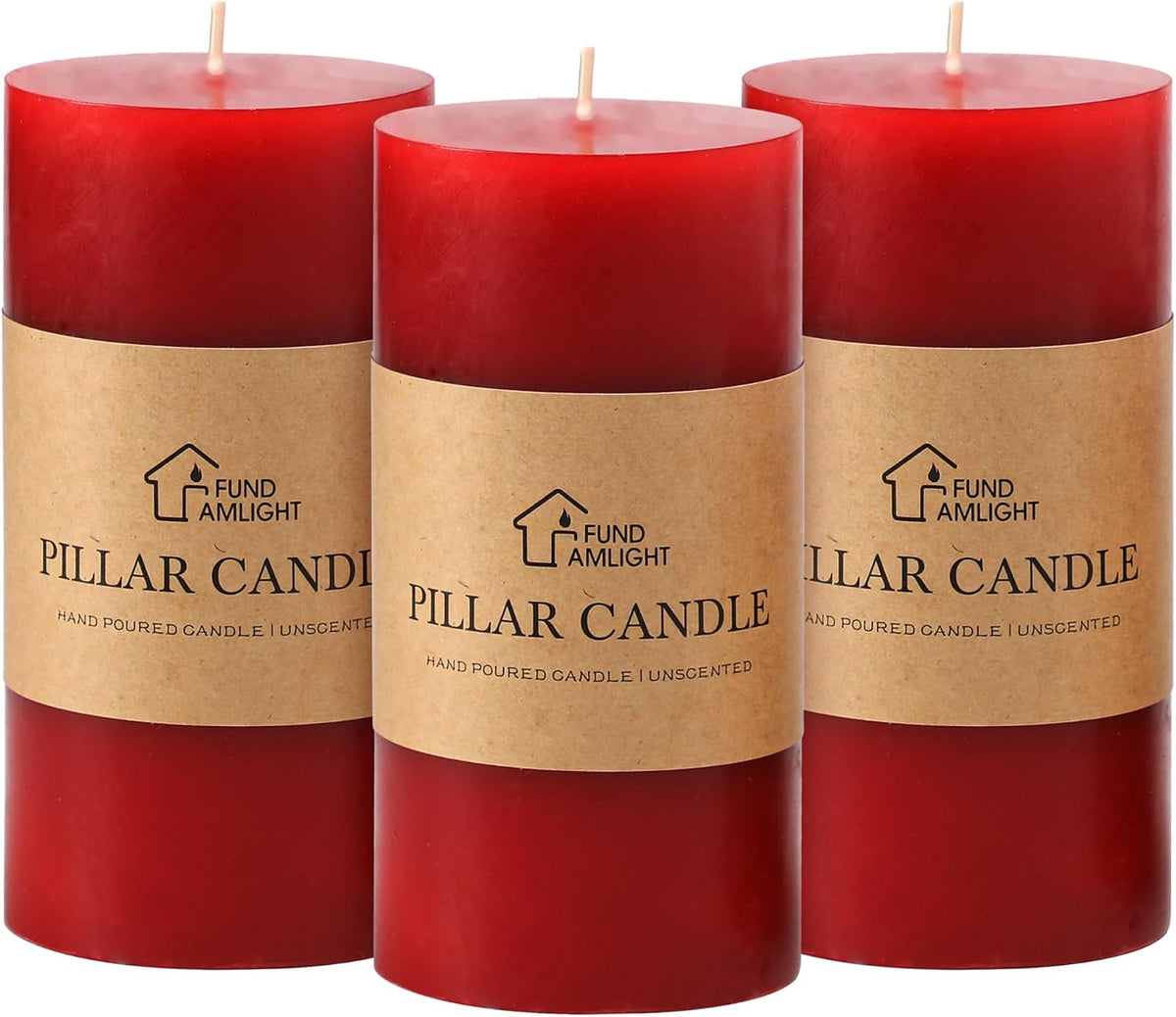 3x6 Inch Red Pillar Candles Set of 3 - Decorative Unscented Pillar Candle