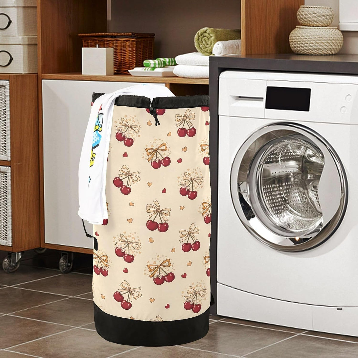 Bow Cherry Beige Laundry Bag Backpack Dirty Clothes Bags Organizer With Extra Large Heavy Duty for Vacation Road Trip Essentials Dorm