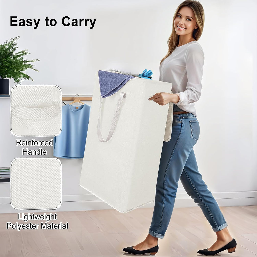 Odonata 75L Slim Laundry Hamper with Lid,Large Foldable Laundry Basket with Removable Bag and Handles Tall Collapsible Dirty Clothes Basket Great for Bedroom, Bathroom, Dorm, College,RV. (Beige, 75L)