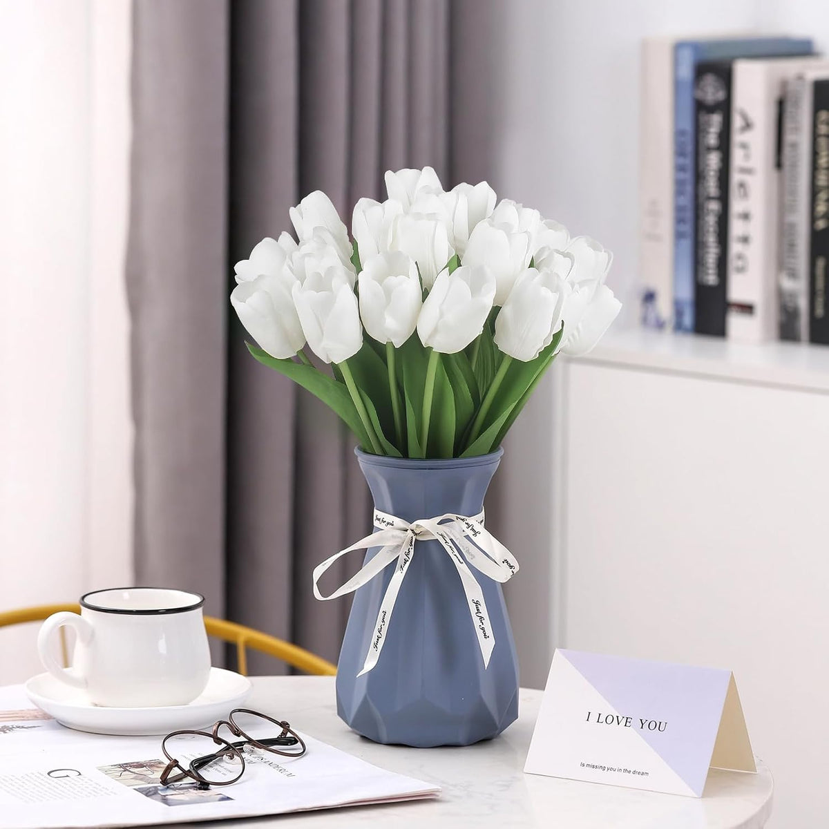 Artificial Tulips - 20 Stems Real Touch Realistic Fake Tulip Flowers, Premium Silk Feel, UV-Resistant, Anti-Fade, Waterproof Lifelike Faux Tulips for Home Decor, Wedding, Party, DIY (White)